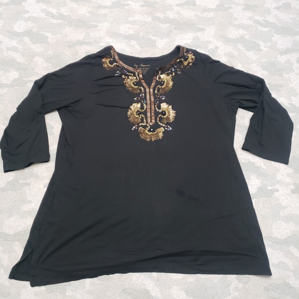 Chico's Top Womens 2 Black Pullover 3/4 Sleeve Embroidered